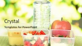  Presentation with plastic containers - Presentation theme with tasty lunch in plastic containers on bamboo mat on bright background background and a soft green colored foreground