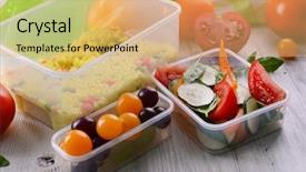  Presentation with plastic containers - Slides enhanced with tasty lunch in plastic containers on wooden table close up background and a yellow colored foreground