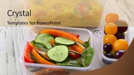  Presentation with plastic containers - Presentation featuring tasty lunch in plastic containers on wooden table close up background and a yellow colored foreground