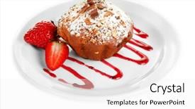  Presentation with muffin - Presentation theme featuring tasty muffin cake with strawberries and chocolate on plate isolated on white background and a white colored foreground