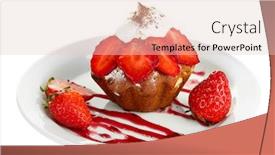  Presentation with muffin - Presentation featuring tasty muffin cake with strawberries and chocolate on plate isolated on white background and a lemonade colored foreground