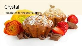  Presentation with muffin - PPT theme enhanced with tasty muffin cakes with strawberries and chocolate isolated on white background and a blonde colored foreground