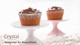  Presentation with muffins - Slide deck consisting of tasty muffins with caramel and chocolate toppings on stands background and a sky blue colored foreground