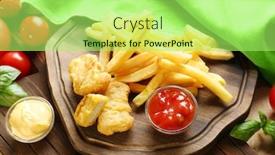  Presentation with sauces - Theme having tasty nuggets french fries and small bowls with sauces for chicken on wooden boards background and a mint green colored foreground