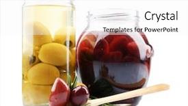  Presentation with glass - Presentation consisting of tasty olives in glass jars background and a white colored foreground