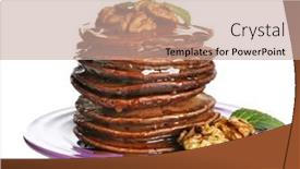  Presentation with walnut - PPT theme featuring tasty pancakes with walnut and sweet sauce on purple plate isolated on white background and a coral colored foreground