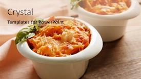  Presentation with ceramic - Theme enhanced with tasty pasta al forno in ceramic bowls on wooden table background and a lemonade colored foreground