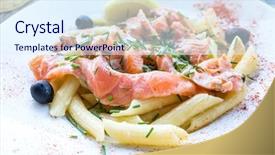  Presentation with salmon - Slide set with tasty pasta with salmon on a the table background and a sky blue colored foreground
