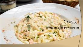  Presentation with salmon - Slides having tasty pasta with salmon on a the table background and a lemonade colored foreground
