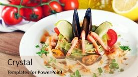  Presentation with shrimps - Cool new theme with tasty pasta with shrimps mussels tomatoes on plate on wooden background backdrop and a coral colored foreground