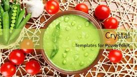  Presentation with peas - Beautiful presentation featuring tasty peas soup and vegetables on table close up backdrop and a yellow colored foreground