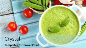  Presentation with soup - Audience pleasing PPT theme consisting of tasty peas soup and vegetables backdrop and a  colored foreground