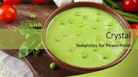  Presentation with peas - Colorful slide deck enhanced with tasty peas soup and vegetables on table close up backdrop and a yellow colored foreground