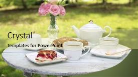  Presentation with tea coffee - Colorful slides enhanced with tasty pie in garden backdrop and a yellow colored foreground