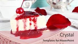  Presentation with cheesecake - Slide set having tasty piece of cheesecake with berry sauce on plate on table close up background and a red colored foreground