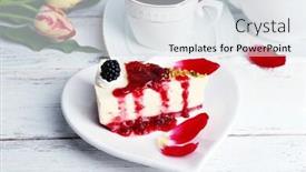  Presentation with cheesecake - Audience pleasing theme consisting of tasty piece of cheesecake with berry sauce on plate on table close up backdrop and a light gray colored foreground