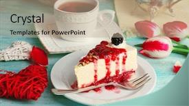  Presentation with cheesecake - Slides having tasty piece of cheesecake with berry sauce on plate on table close up background and a coral colored foreground