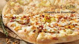  Presentation with pizza - PPT theme featuring tasty-pizza-with-ham-gherkins background and a yellow colored foreground
