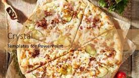  Presentation with pizza - Cool new PPT layouts with tasty-pizza-with-ham-gherkins backdrop and a yellow colored foreground