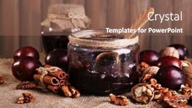  Presentation with jam - Presentation theme consisting of tasty plum jam in jars and plums on wooden table on wooden background background and a violet colored foreground