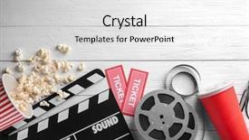  Presentation with clapboard - Cool new slide deck with tasty popcorn movie reel tickets backdrop and a white colored foreground