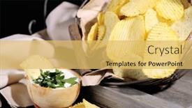  Presentation with potato chips - Slide deck consisting of tasty potato chips in metal basket on wooden table with dark light background and a yellow colored foreground