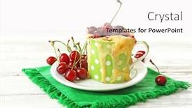  Presentation with pudding - Colorful theme enhanced with tasty pudding with cherries on table close up backdrop and a white colored foreground