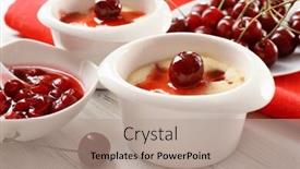  Presentation with pudding - Audience pleasing slide set consisting of tasty pudding with cherries on table close up backdrop and a coral colored foreground
