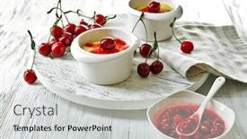  Presentation with pudding - Slide set featuring tasty pudding with cherries on table close up background and a light gray colored foreground