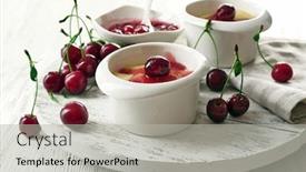  Presentation with pudding - Presentation design with tasty pudding with cherries on table close up background and a light gray colored foreground