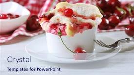  Presentation with pudding - Cool new theme with tasty pudding with cherries on table close up backdrop and a sky blue colored foreground