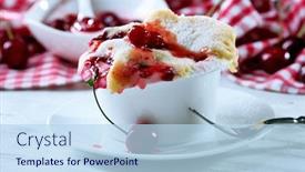  Presentation with pudding - Presentation theme featuring tasty pudding with cherries on table close up background and a sky blue colored foreground