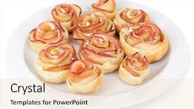  Presentation with puff pastry - Slide set with tasty puff pastry with apple shaped roses with powdered sugar isolated on white background and a lemonade colored foreground