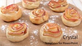  Presentation with puff pastry - Theme having tasty puff pastry with apple shaped roses on table close-up background and a coral colored foreground