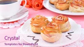  Presentation with puff pastry - Presentation having tasty puff pastry with apple shaped roses on plate on table close-up background and a pink colored foreground