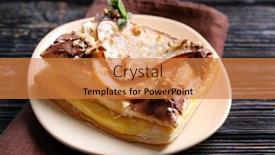  Presentation with puff pastry - Audience pleasing PPT layouts consisting of tasty puff pastry with pear chocolate and nuts on plate backdrop and a gold colored foreground