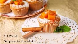  Presentation with muffins - Beautiful presentation design featuring closeup halloween cupcake - tasty pumpkin muffins on brown backdrop and a lemonade colored foreground