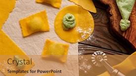  Presentation with pasta - Beautiful PPT theme featuring tasty-raw-homemade-ravioli-pasta backdrop and a gold colored foreground