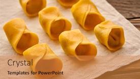  Presentation with pasta - Amazing PPT theme having tasty-raw-homemade-ravioli-pasta backdrop and a gold colored foreground