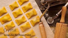  Presentation with pasta - PPT theme consisting of tasty-raw-homemade-ravioli-pasta background and a gold colored foreground