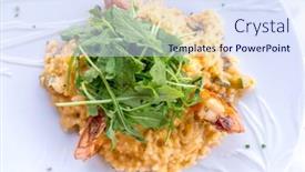  Presentation with shrimp - PPT theme featuring tasty risotto with shrimp fresh herbs vegetables on a white plate background and a sky blue colored foreground