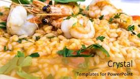  Presentation with white plate - Colorful slide set enhanced with tasty risotto with shrimp fresh backdrop and a gold colored foreground