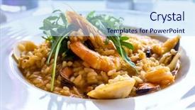  Presentation with white plate - Slides having tasty risotto with shrimp fresh background and a  colored foreground