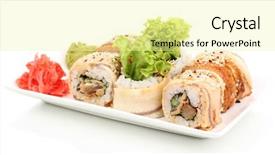  Presentation with chopsticks - PPT layouts with tasty rolls served on white plate with chopsticks isolated on white background and a blonde colored foreground