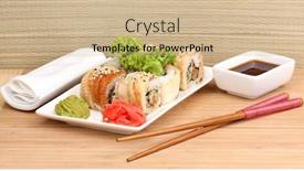  Presentation with chopsticks - PPT theme with tasty rolls served on white plate with chopsticks on wooden table on light background background and a soft green colored foreground