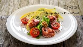  Presentation with melon - Presentation design featuring tasty-salad-prosciutto-crudo-melon background and a yellow colored foreground