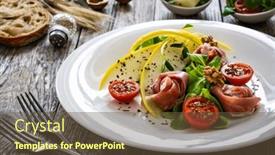  Presentation with melon - Presentation having tasty-salad-prosciutto-crudo-melon background and a tawny brown colored foreground