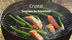  Presentation with grill - Slide deck featuring tasty salmon slices with vegetables on barbecue grill outdoors background and a violet colored foreground
