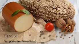  Presentation with cheese - PPT theme featuring tasty-smoked-cheese-and-bread background and a coral colored foreground
