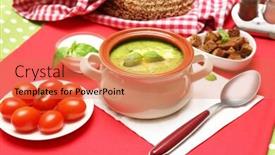  Presentation with tablecloth - Cool new presentation theme with tasty soup in saucepan on tablecloth close up backdrop and a coral colored foreground